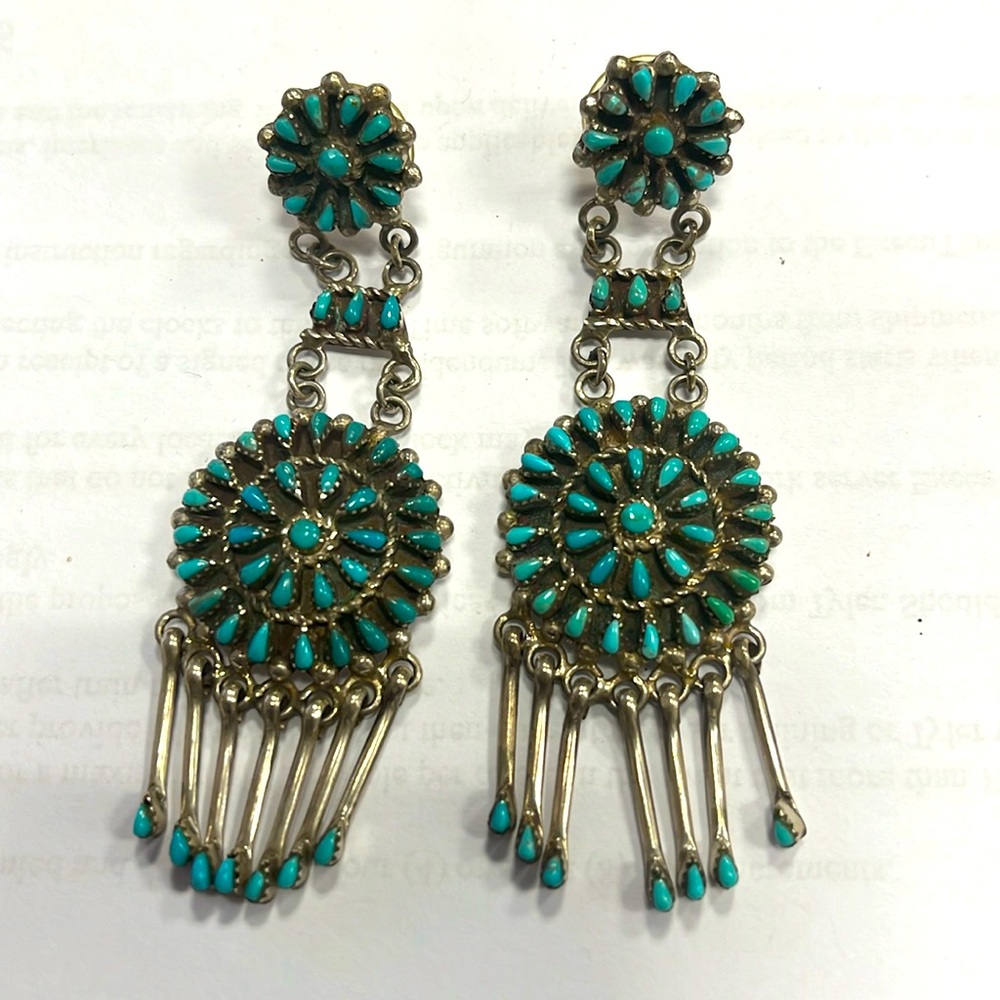 Vintage Native American Silver & Turquoise Double Drop Fringe Earrings